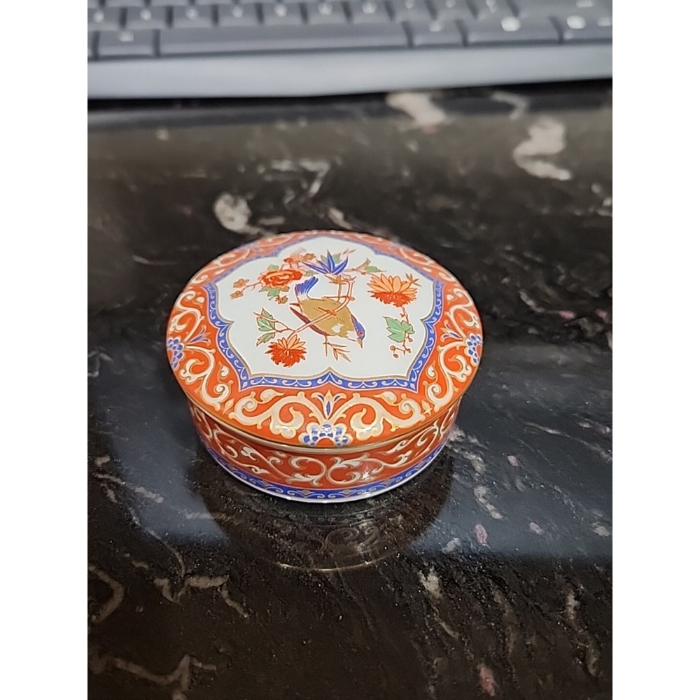 VIntage KAISER W Germany Porcelain Red Gold Bird Ming Design Trinket Ring Box